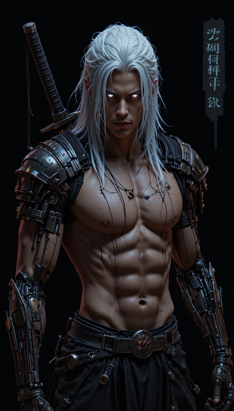 Guerriero cyborg cyberpunk con katana e occhi luminosi