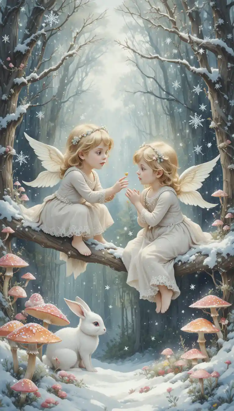 Watercolor cherubs with rabbit in a snowy enchanted forest