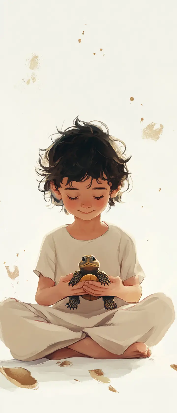 Child holding a small turtle in a gentle illustration