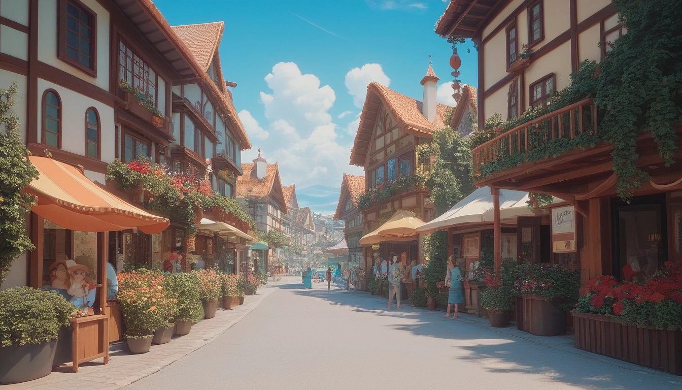 Fête de plage joyeuse près d’un village côtier coloré