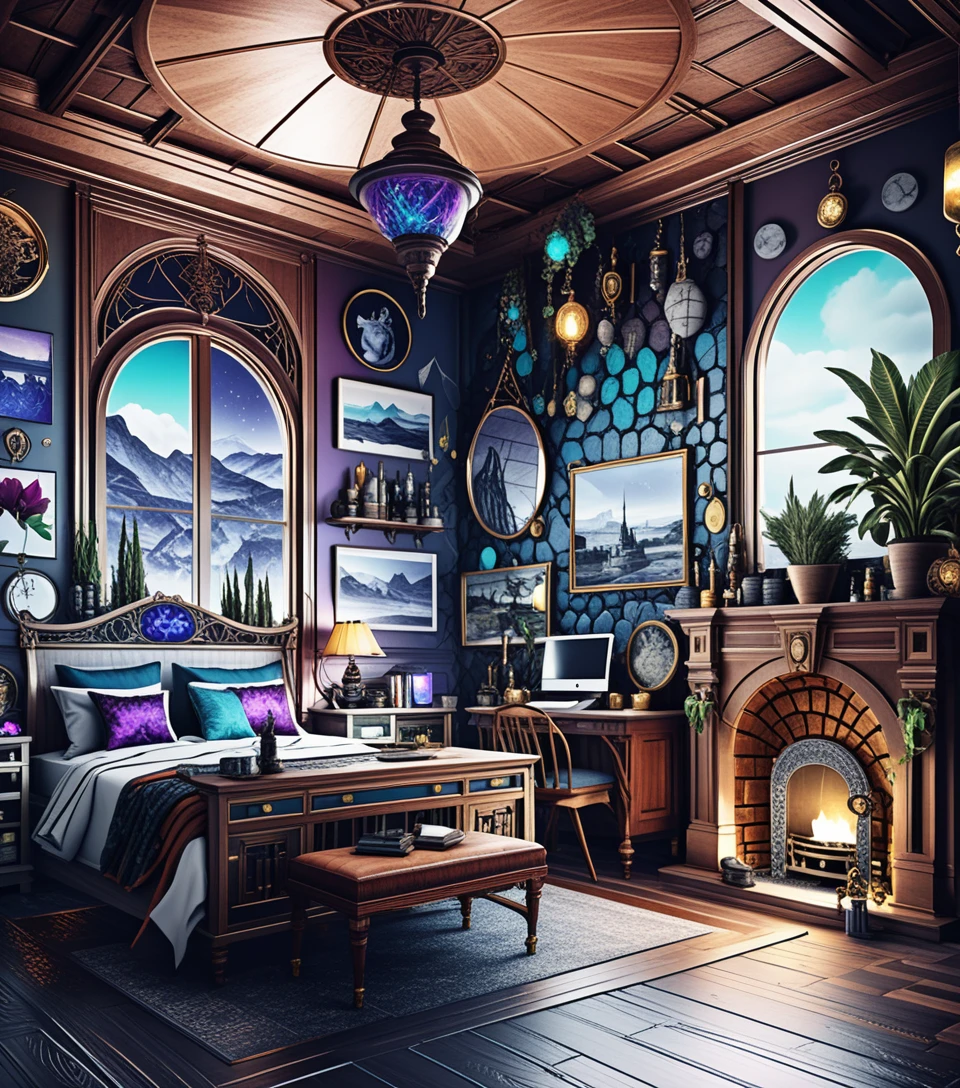 Interior 3D sombrio com decoração mística eclética e escura