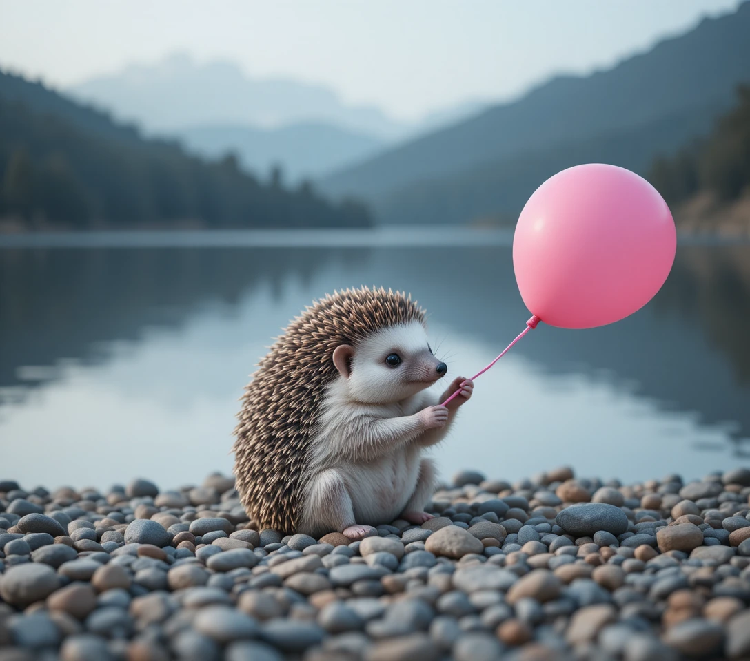 Ouriço fofo com balão rosa à beira de um lago tranquilo