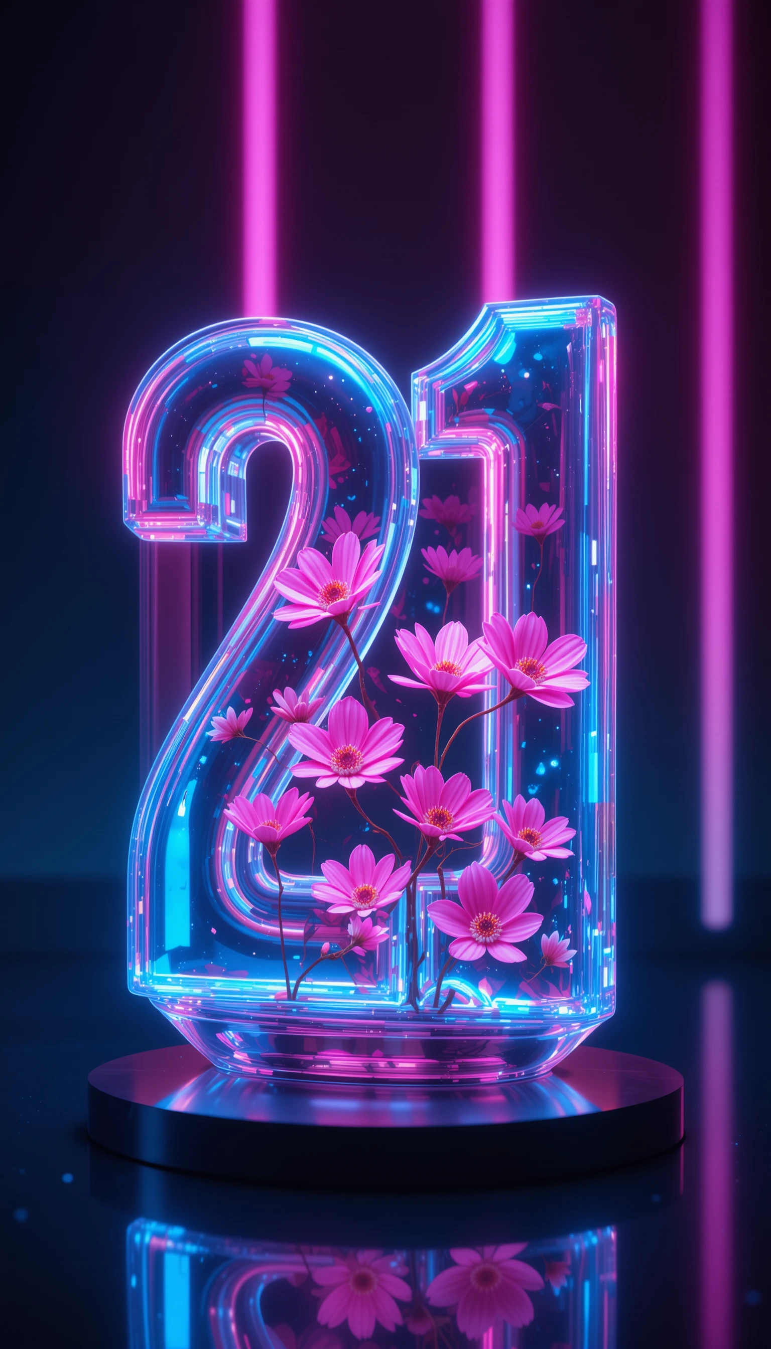 Número 21 de vidro com flores neon em superfície escura reflexiva