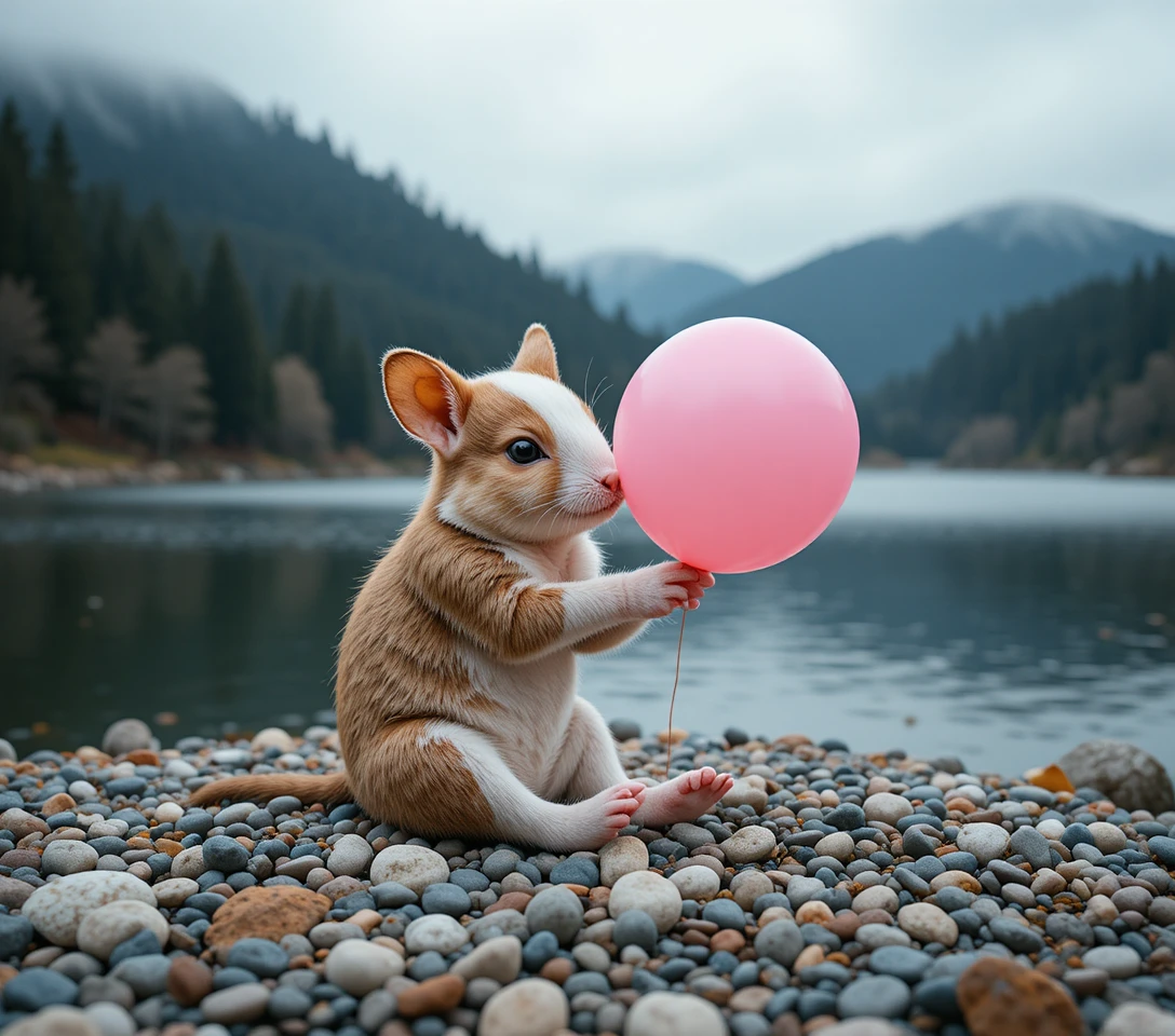 Ouriço‑cacheiro fofo segurando um balão rosa à beira de um lago calmo