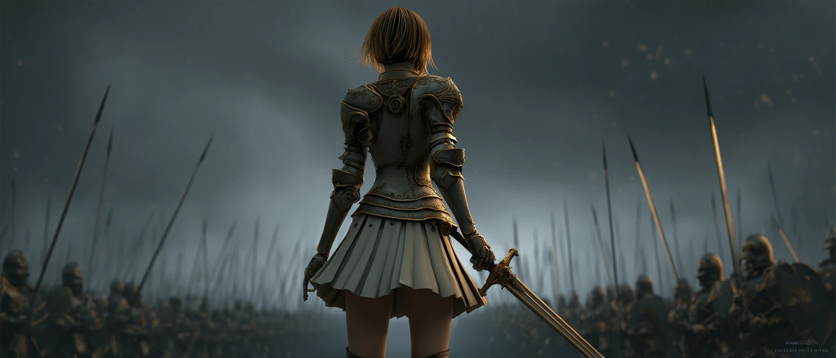 Armored heroine stands poised with sword on dark battlefield