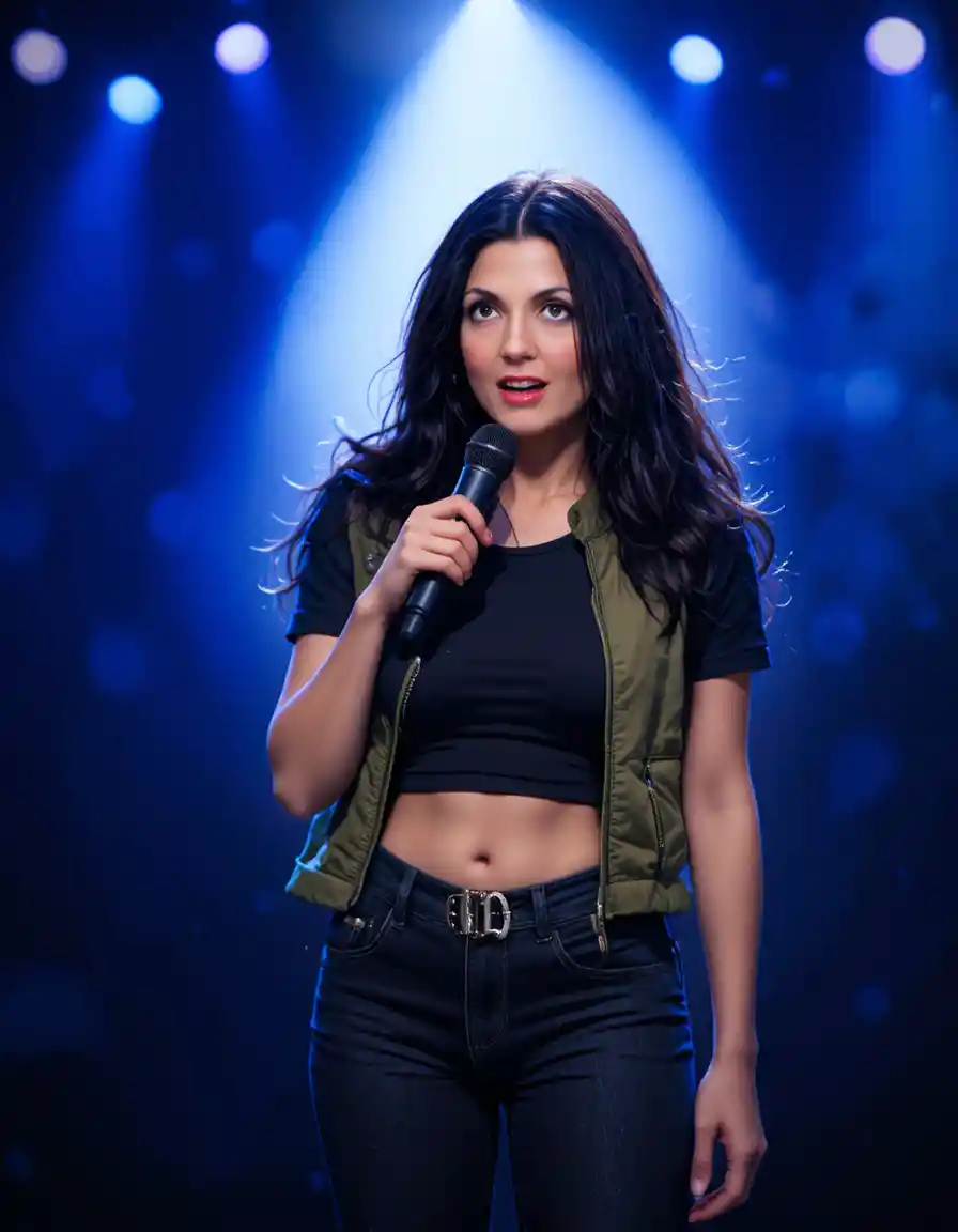Donna che si esibisce sul palco sotto drammatici riflettori blu