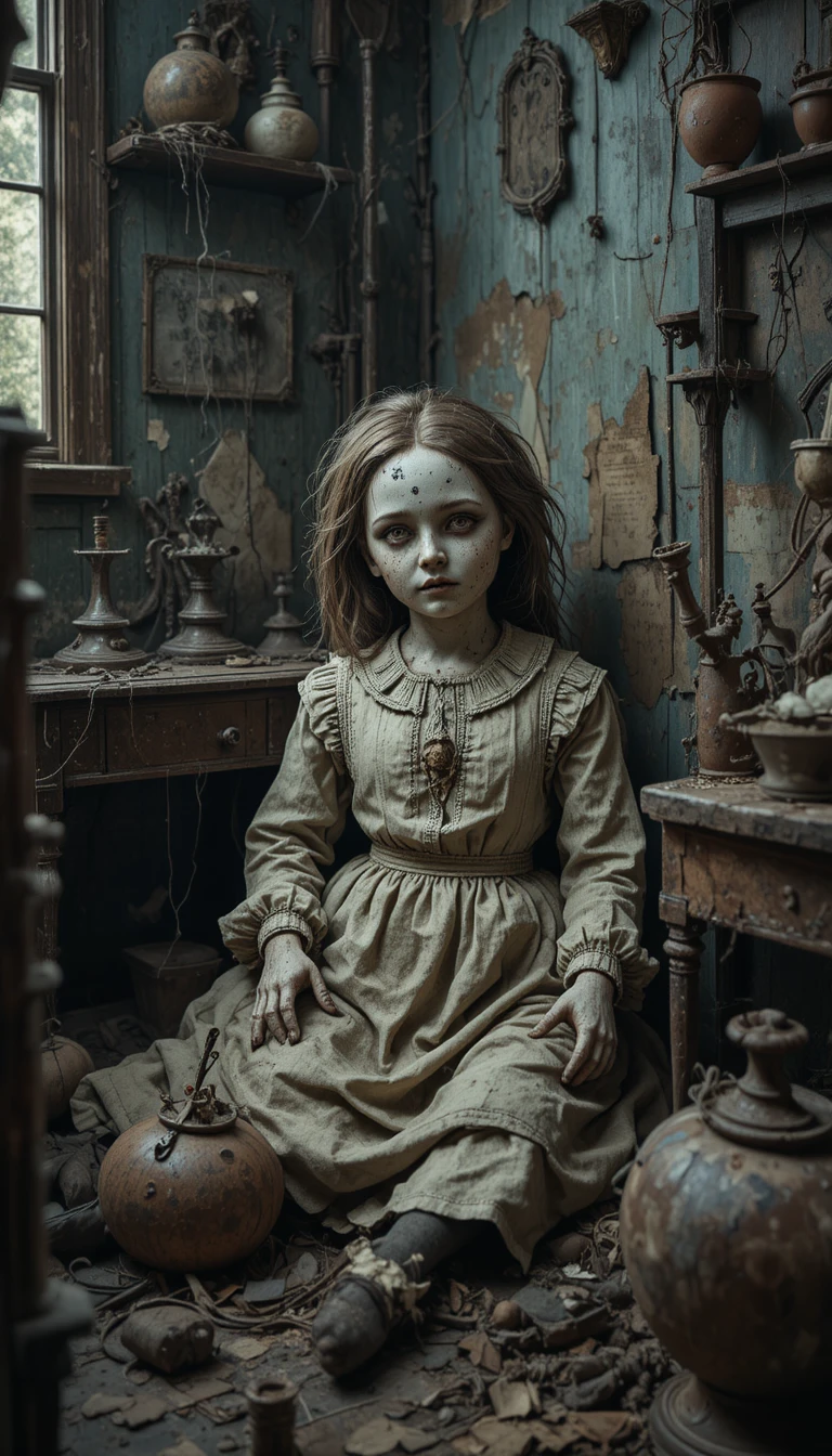 Aged ceramic doll in a dark abandoned corner room