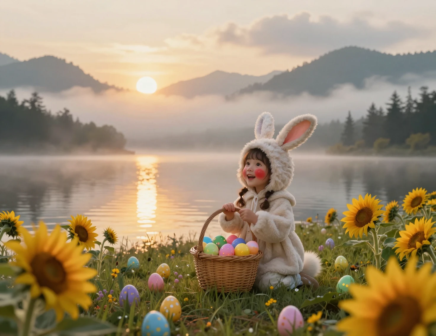 Girl In Rabbit Costume By Sunrise Mountain Lake