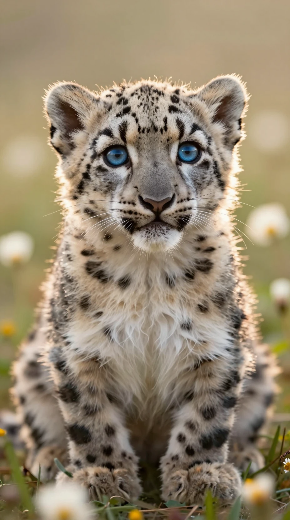 Cachorro de leopardo de las nieves en un campo de flores silvestres al atardecer dorado