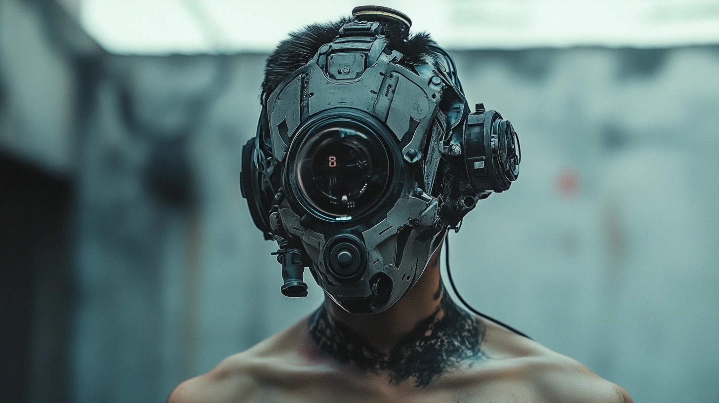 Comandante ciborgue cyberpunk veterano com torso mecânico