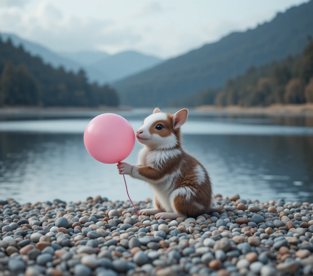 静かな湖畔でピンクの風船を持つかわいいハリネズミ