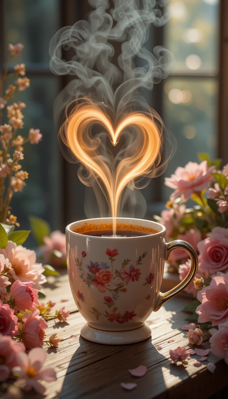 Tasse de café fumante formant un cœur lumineux au-dessus de la table