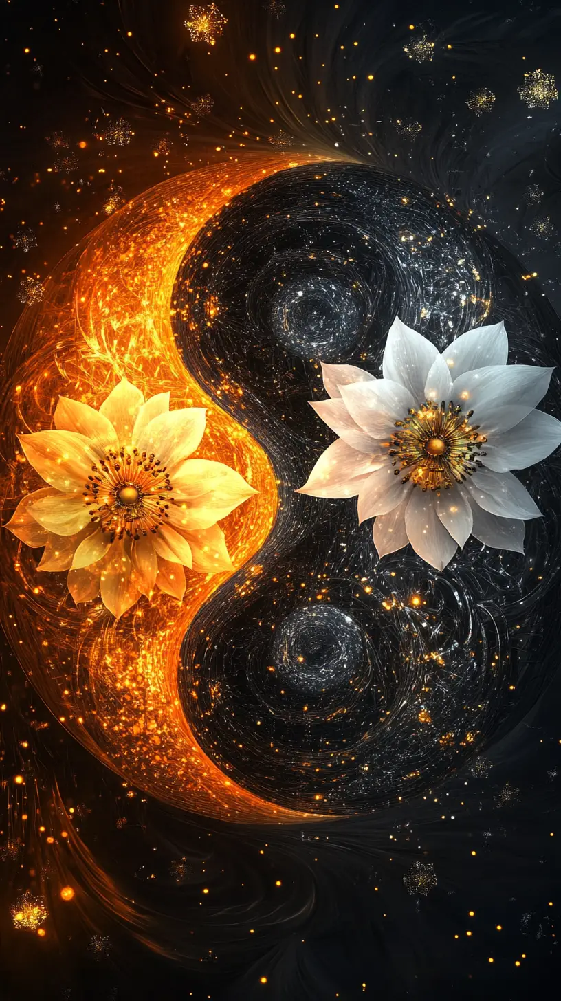 Symmetrical yin yang with floral details and glowing particles