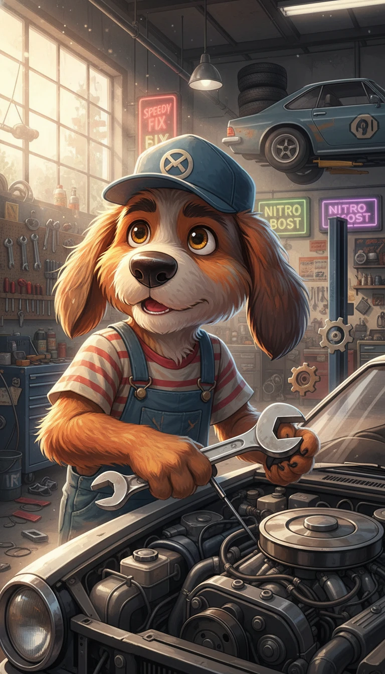 Cane meccanico cartoon che lavora su un'auto in officina