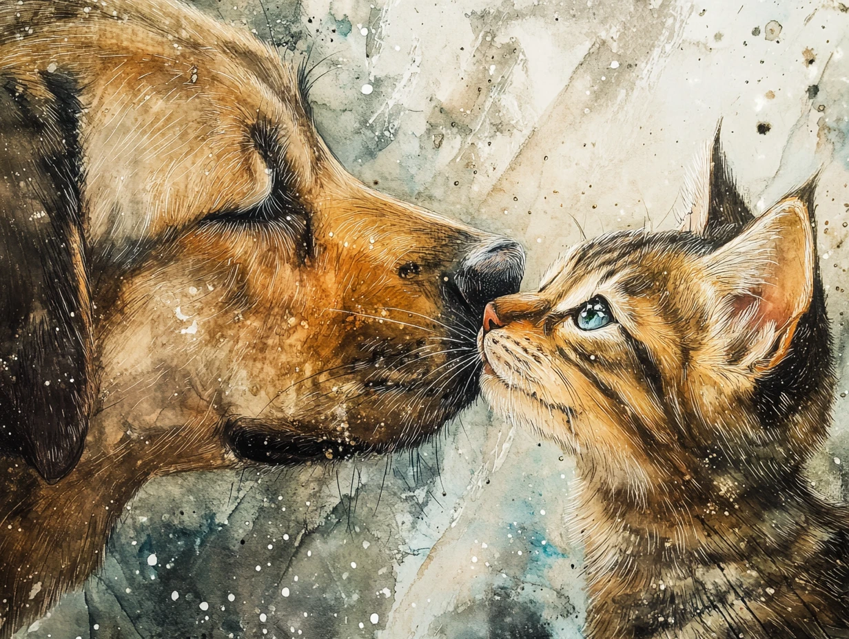 Adorable chien embrassant un chaton tigré dans une illustration de fantasy onirique