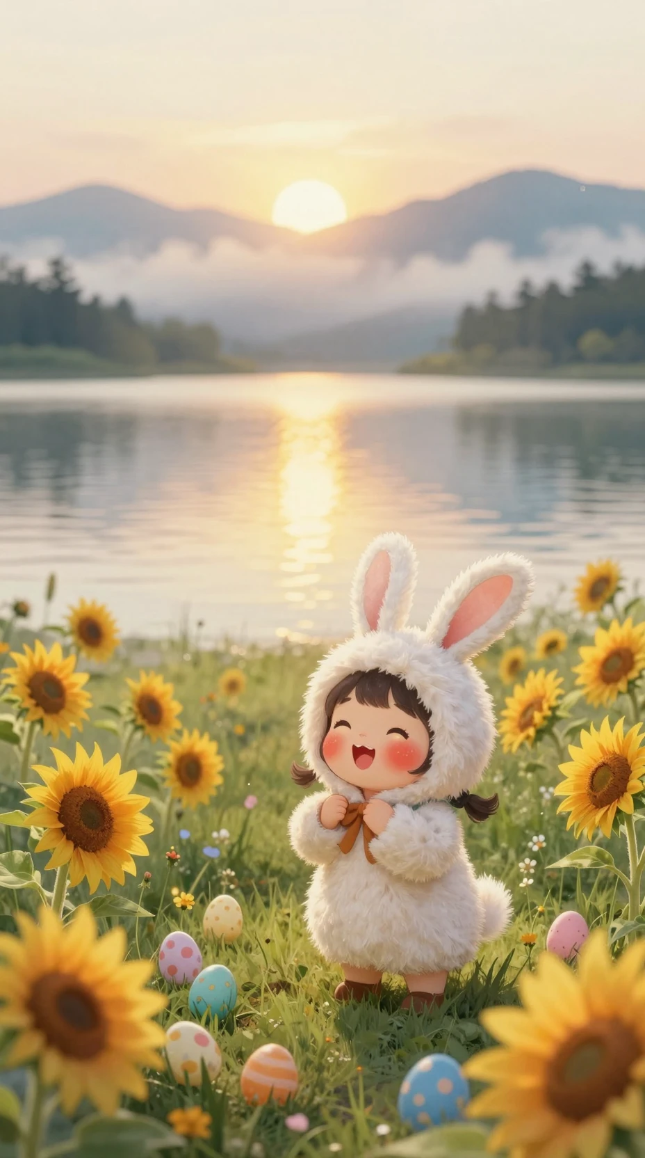 ひまわりと朝焼けの湖畔に立つうさぎコスチュームの少女