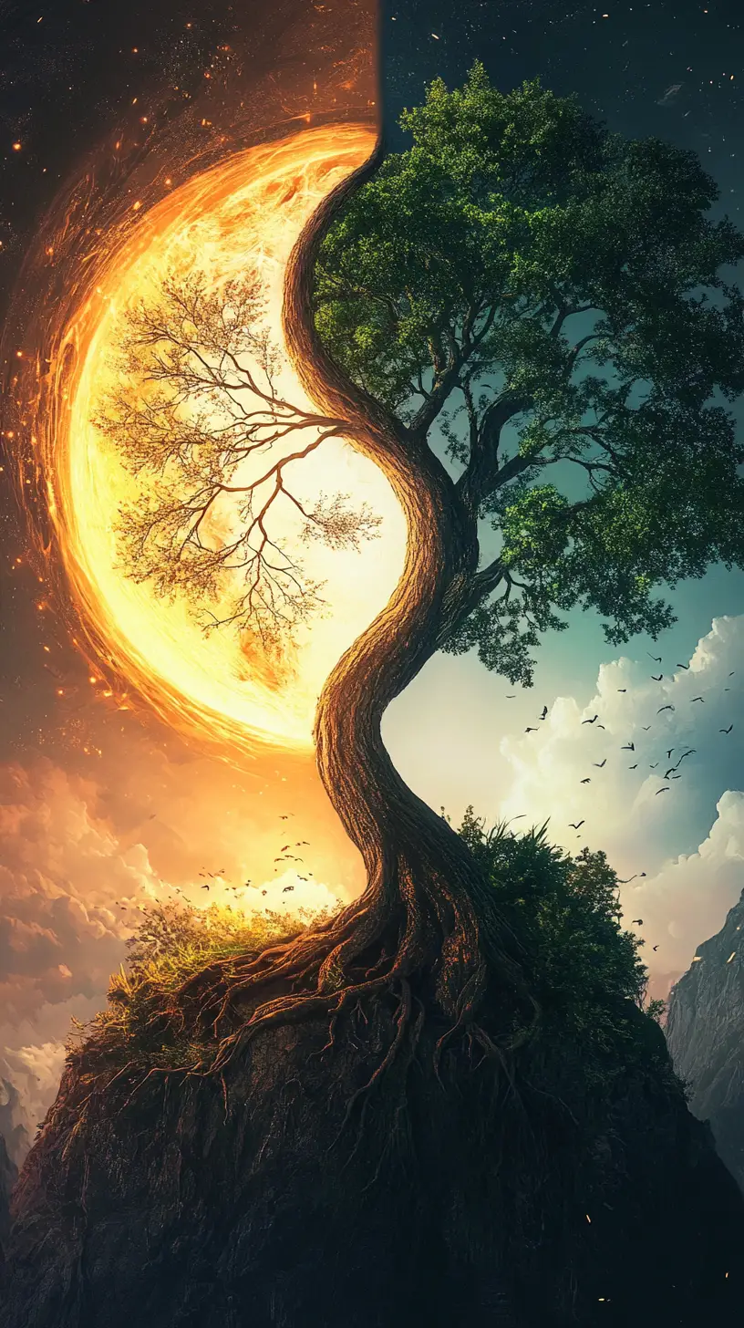 Yin-Yang-Symbol mit leuchtenden und natürlichen Zwillingsbäumen