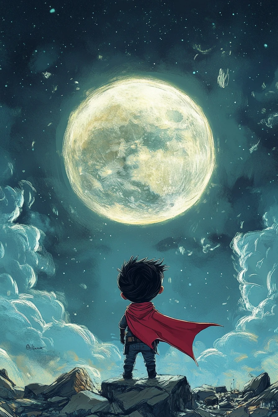 Child super villain held close in a quiet night scene