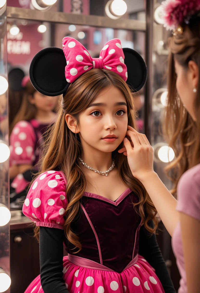 Young boy in pink Minnie dress in boutique dressing room