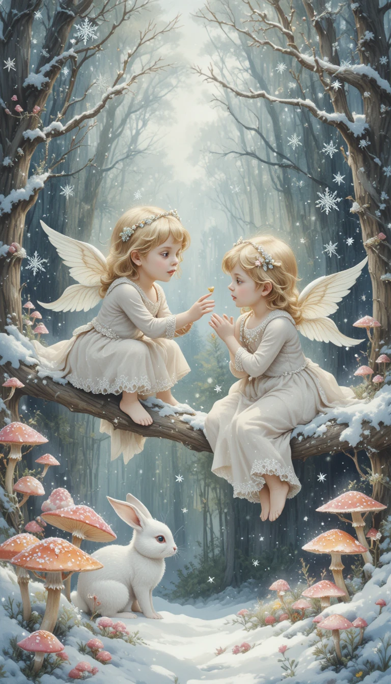 Watercolor cherubs with rabbit in a snowy enchanted forest