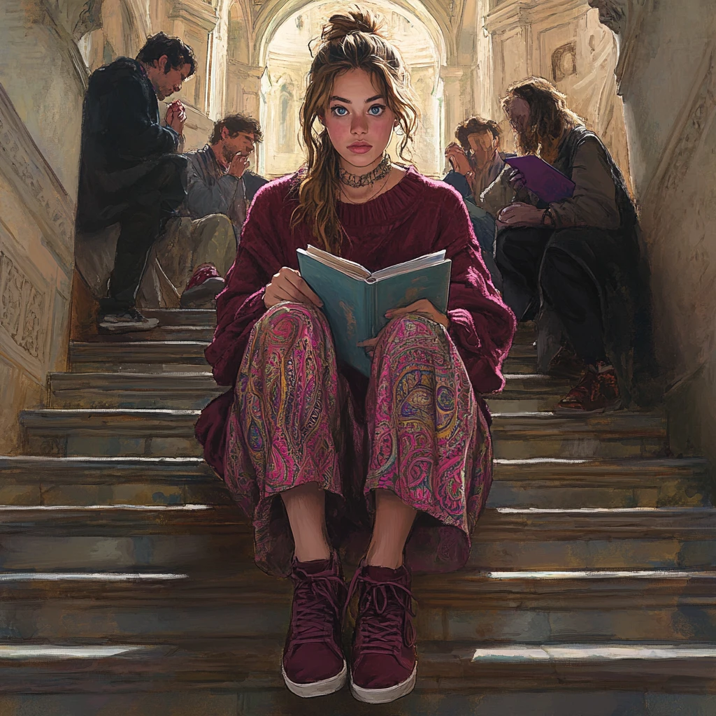 Young woman studying on a grand stone staircase
