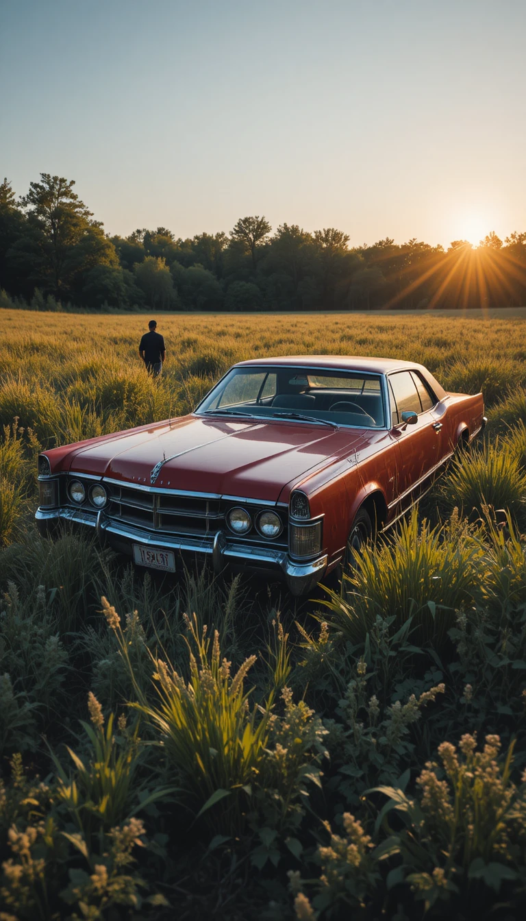 Carro vermelho vintage em um campo alto e tomado pelo mato ao entardecer