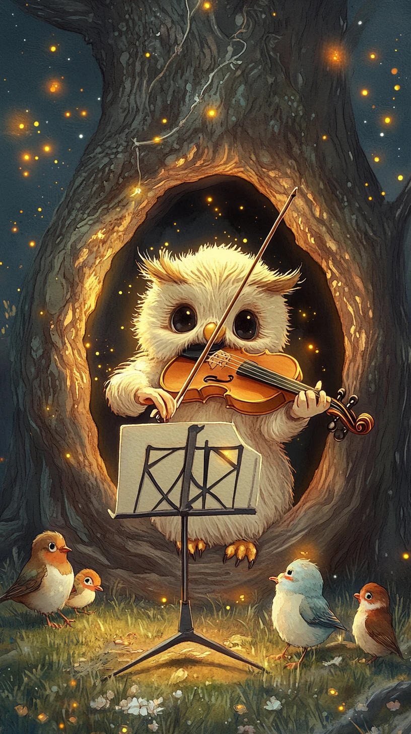 Coruja fofa tocando violino em uma cavidade de floresta ao luar