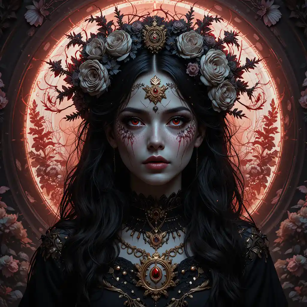 Mysterious demon woman in smoke with elegant jeweled headdress