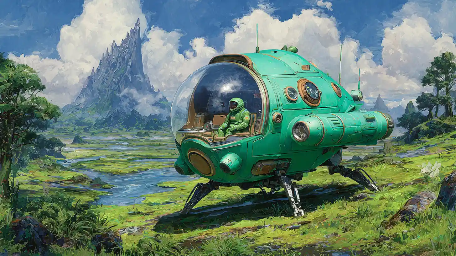 Piccola nave esploratrice che atterra su un rigoglioso mondo alieno verde