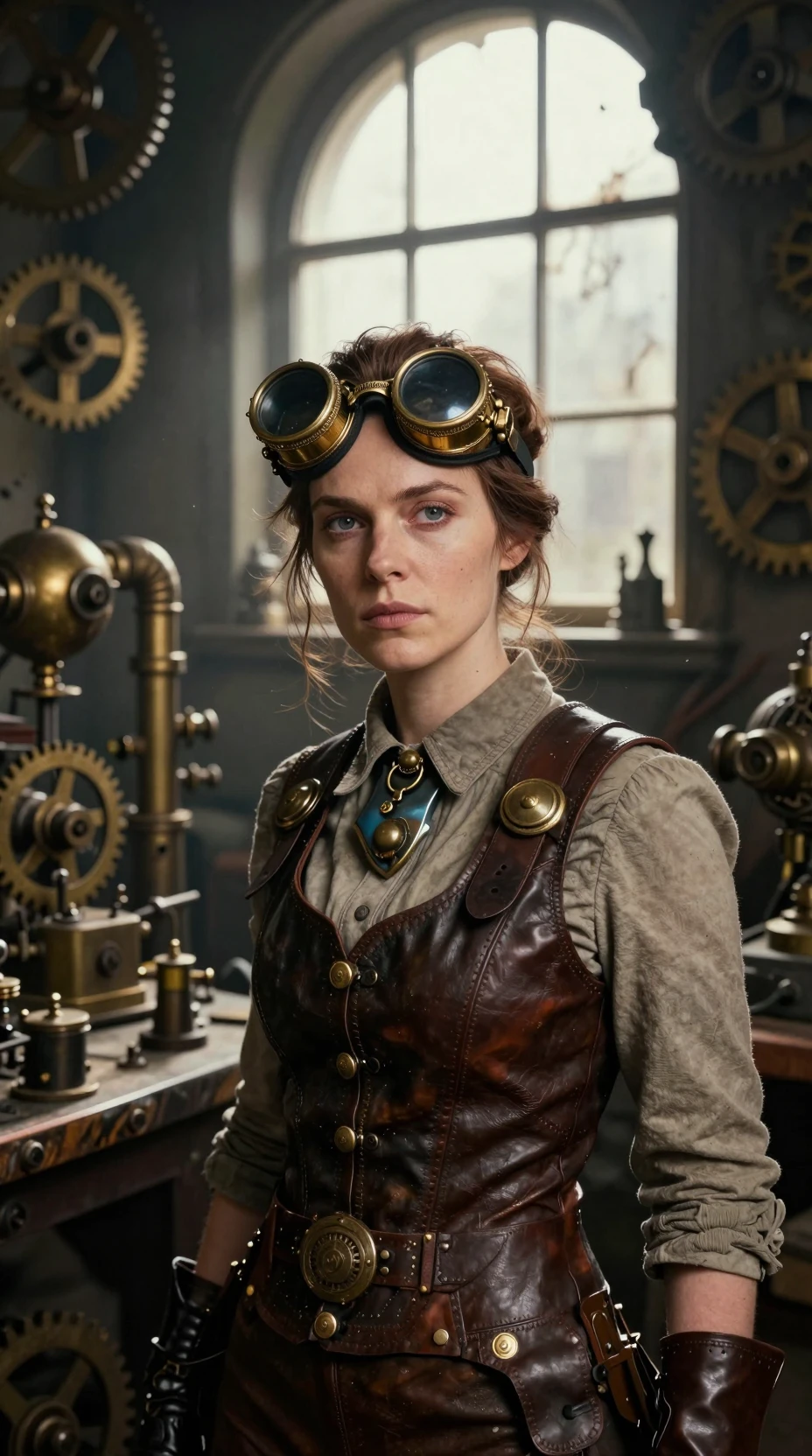 Stoische Frau mit Steampunk‑Brille in einer viktorianischen Werkstatt