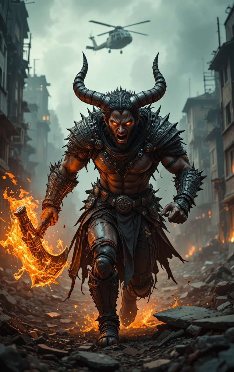 Horned demon warrior charging through burning war torn city