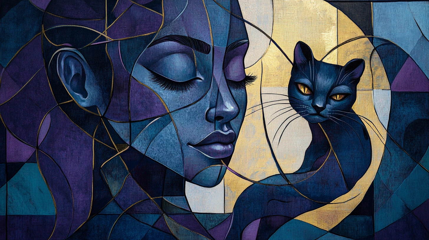 Abstract cubist woman with cat in deep purple hues