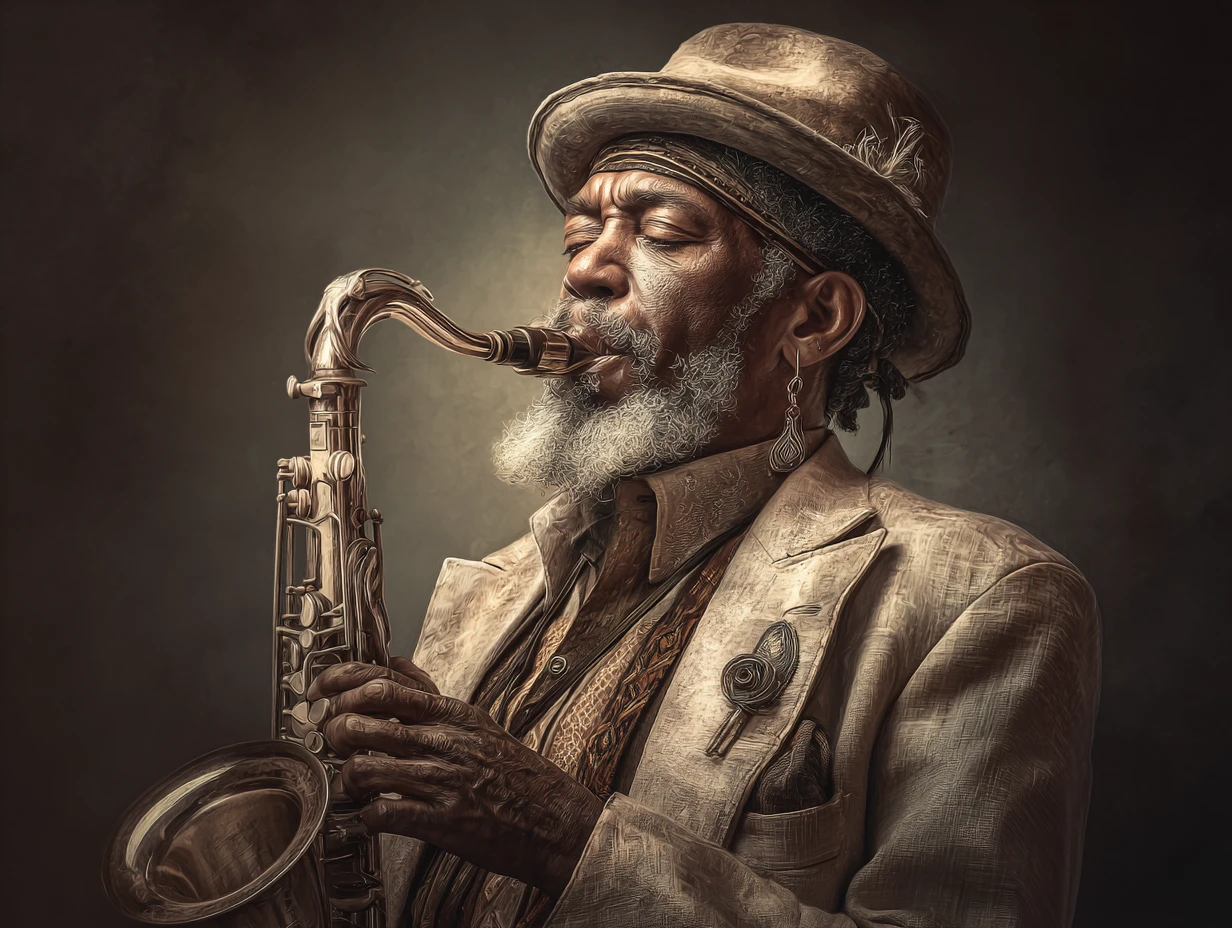 Saxofonista de jazz mais velho de terno e chapéu com expressão cheia de alma