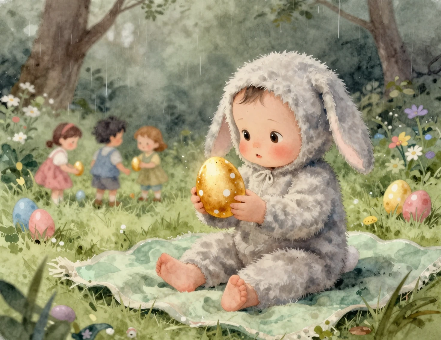 Bebê de fantasia de coelho segurando ovo dourado em cobertor verde