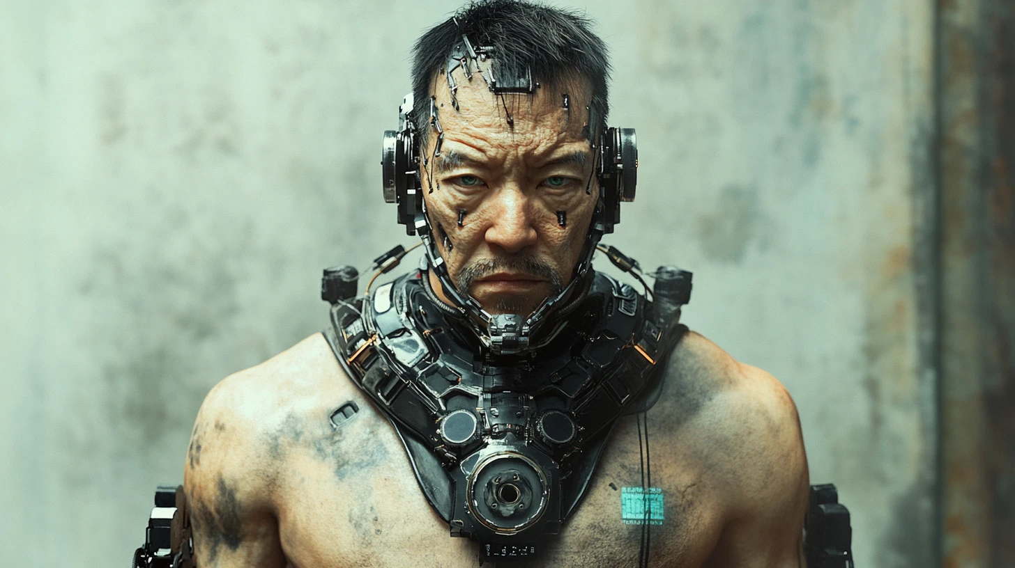 Comandante ciborgue cyberpunk envelhecido com torso mecânico