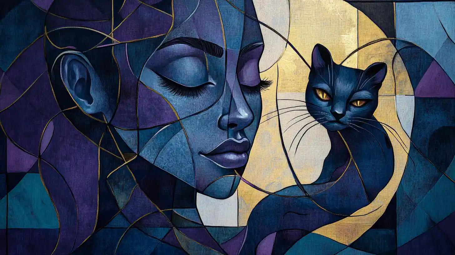 Abstract cubist woman with cat in deep purple hues