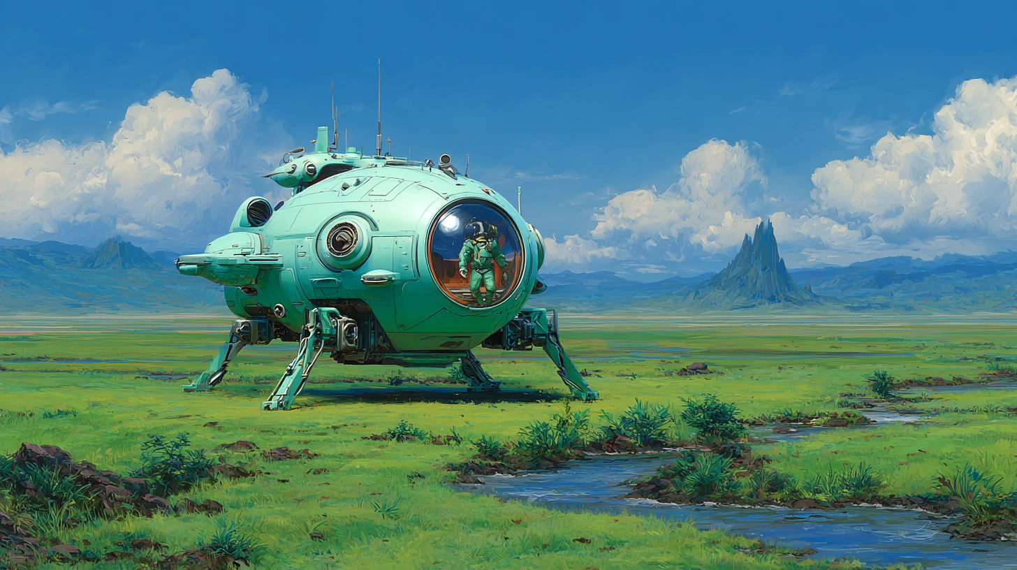 Piccola astronave esploratrice in atterraggio su un rigoglioso mondo alieno