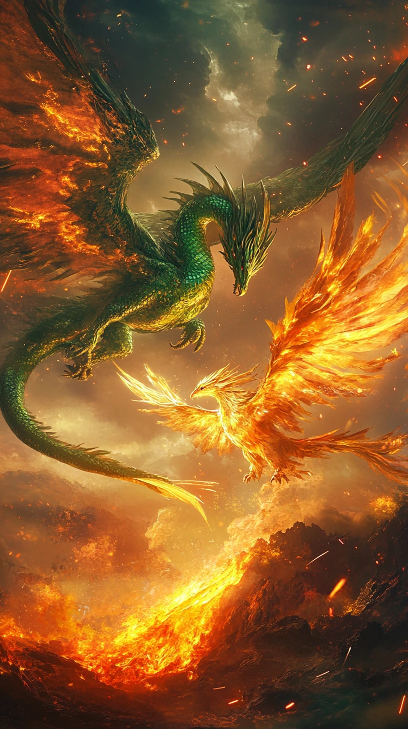 Drago di smeraldo e fenice dorata in volo sopra il vulcano