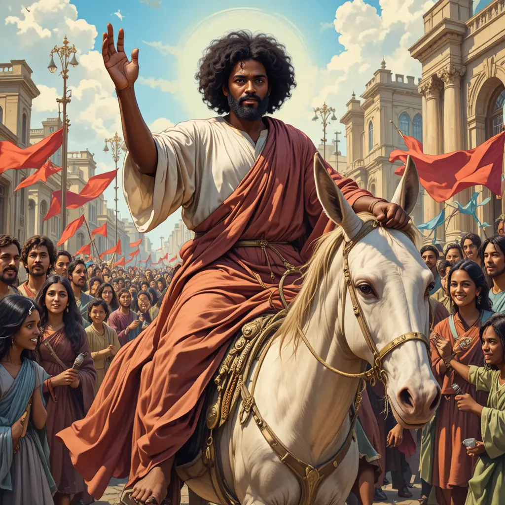 Jésus sur un âne entrant dans une ville aux palmiers agités