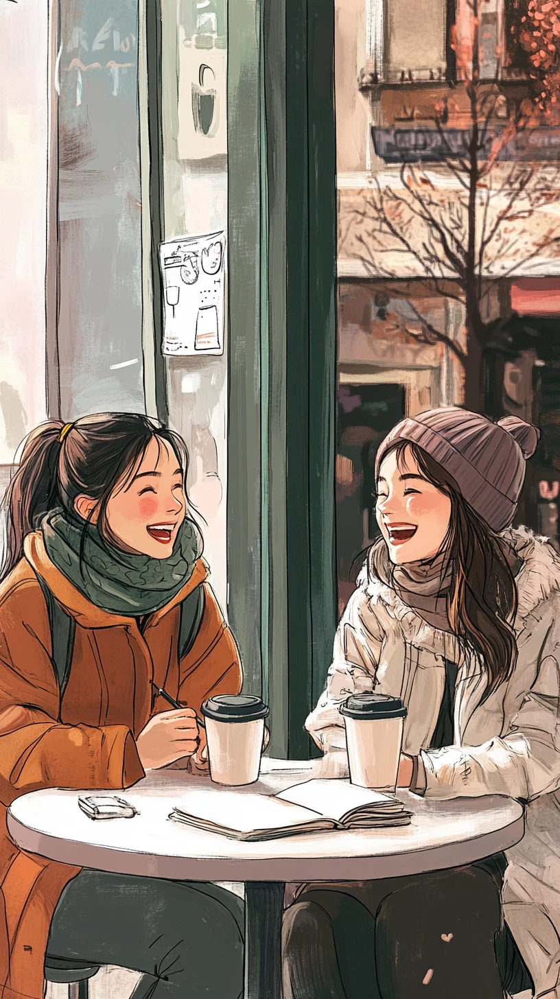 Two girls laughing together at a cozy street cafe