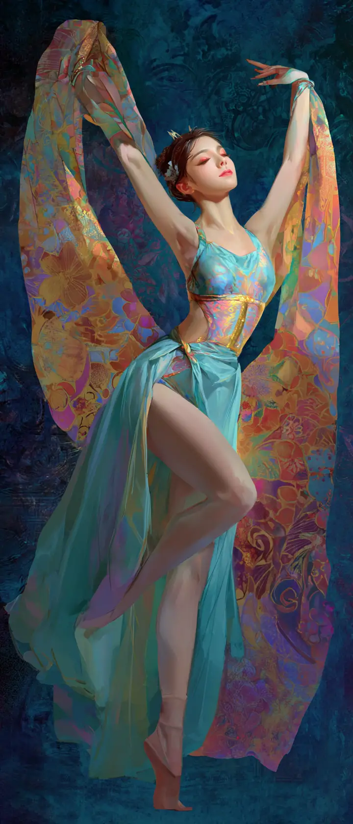 Graceful anime dancer in modern attire with stylized painting details