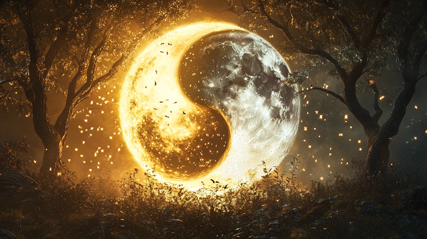 Yin yang sun and moon forests in glowing circular balance
