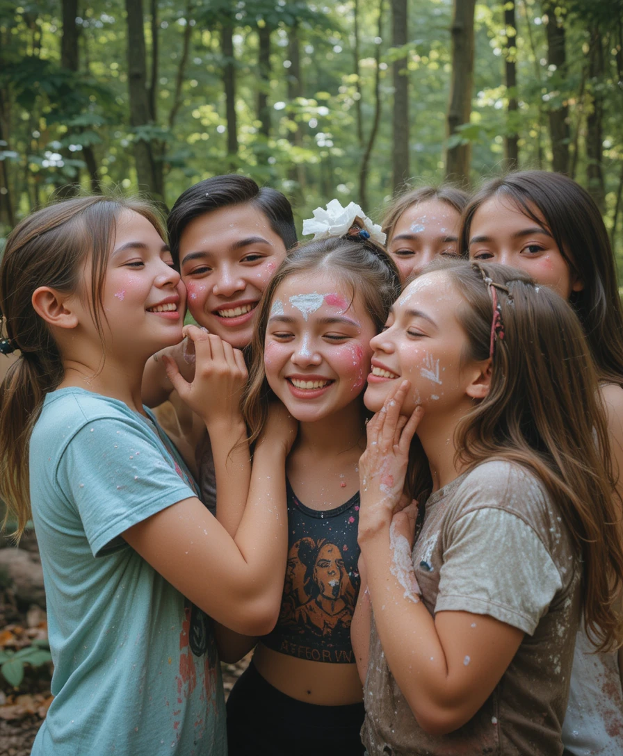 Laughing teenagers throwing pies at each other in the forest