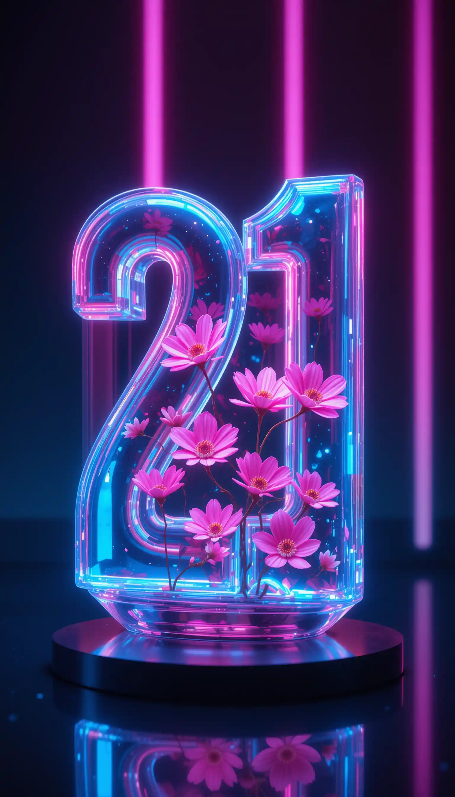 Número 21 de vidro com flores neon em superfície escura reflexiva