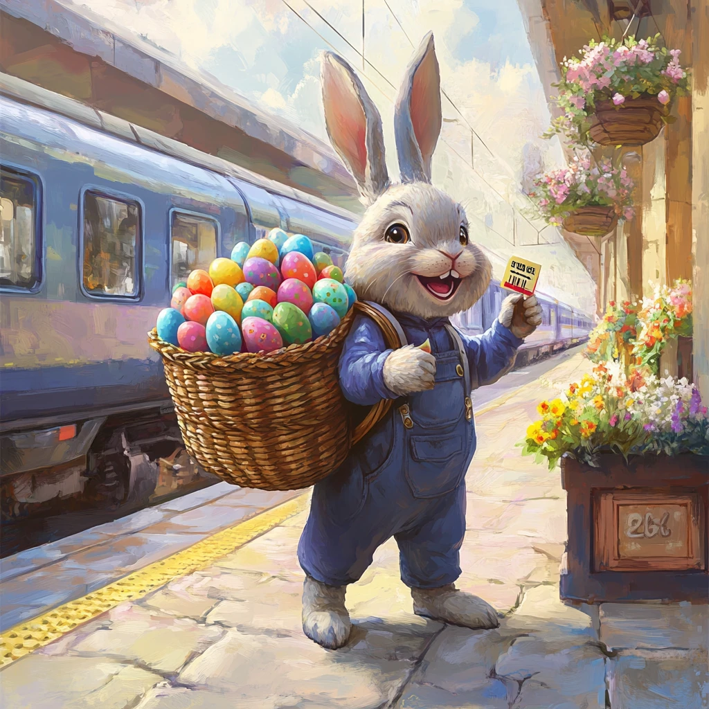 Coelho de Páscoa feliz com cesta em uma estação de trem movimentada