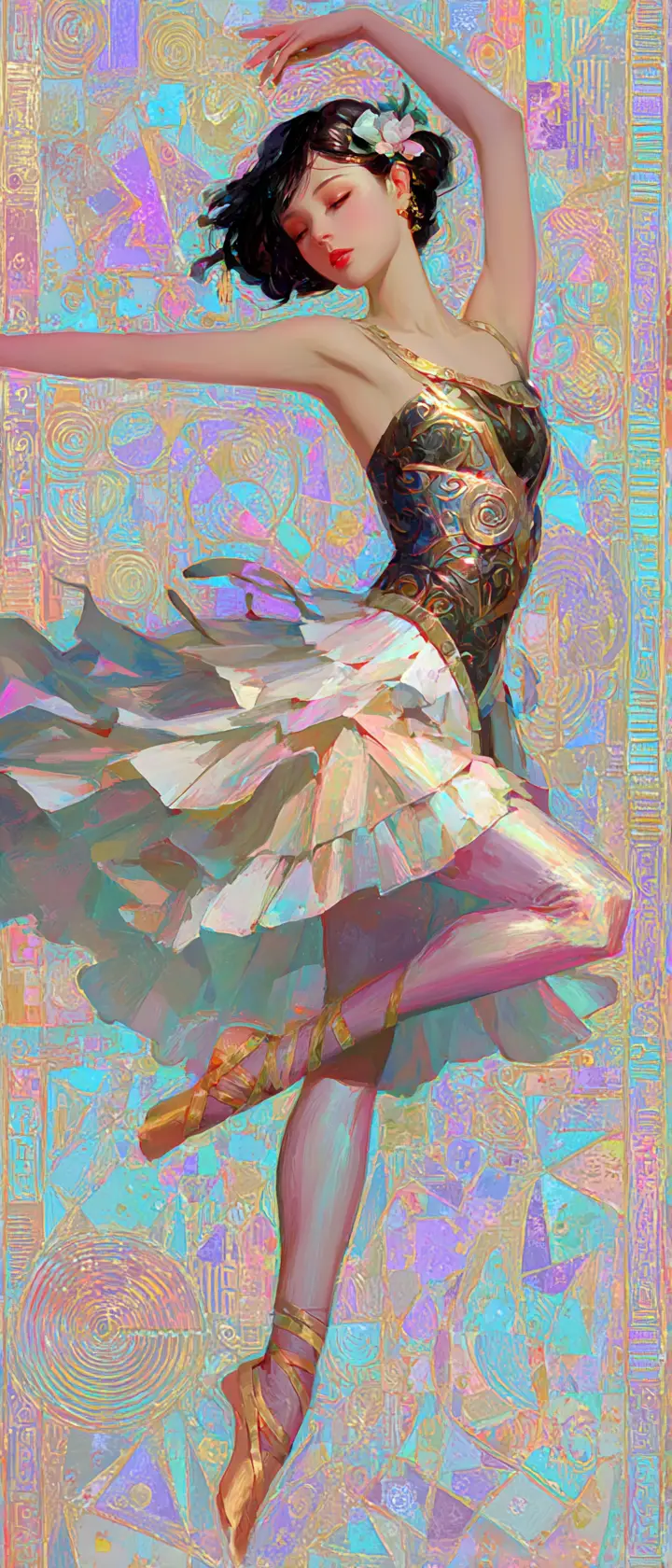 Elegant anime dancer inspired by Klimt style painting