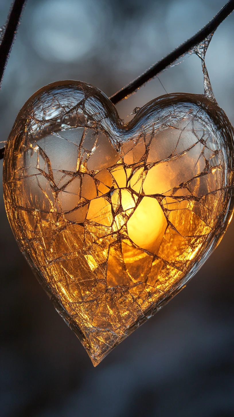Corazón luminoso dentro de un frasco de vidrio roto en un espacio gris y polvoriento