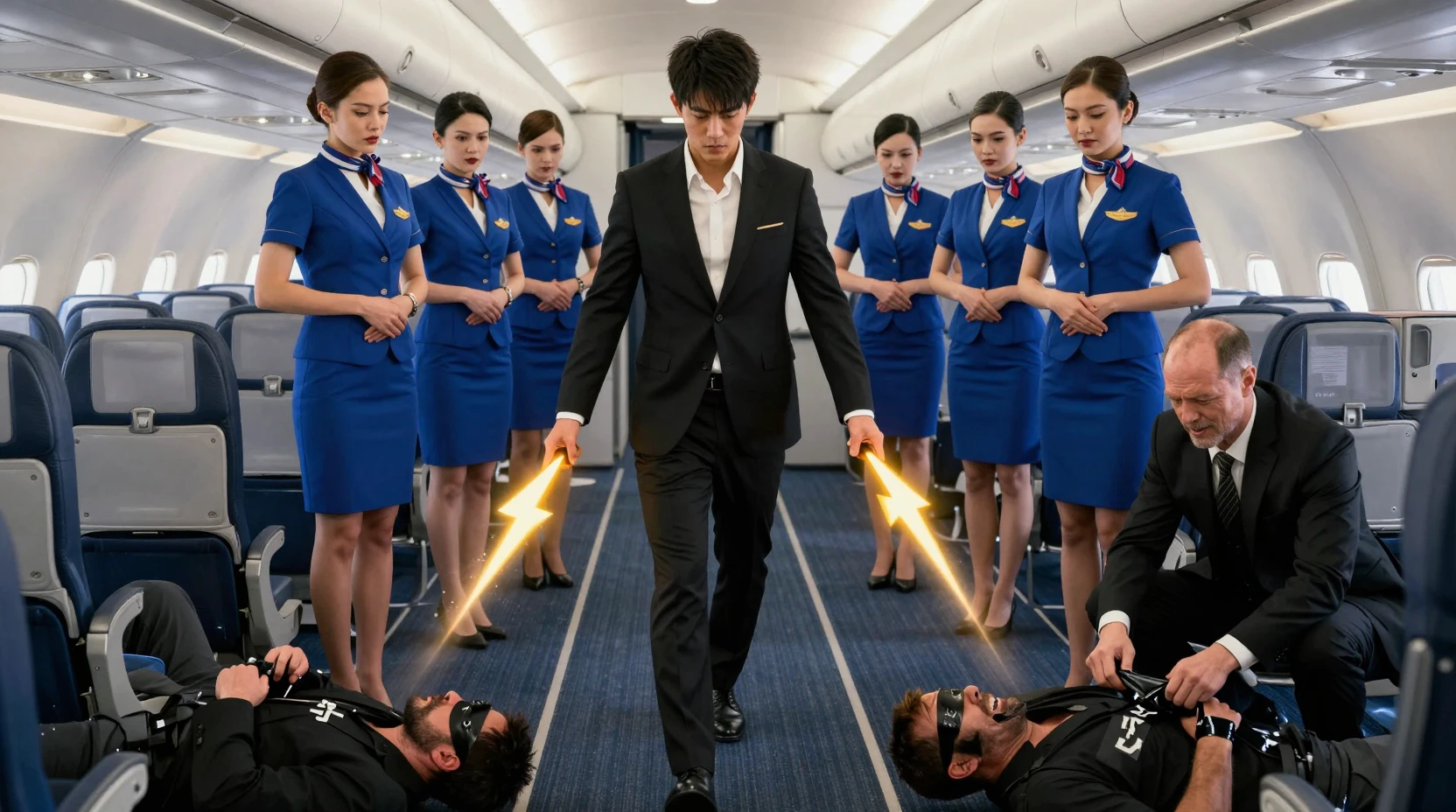 Super-herói eletrocutando terroristas em um corredor de avião caótico