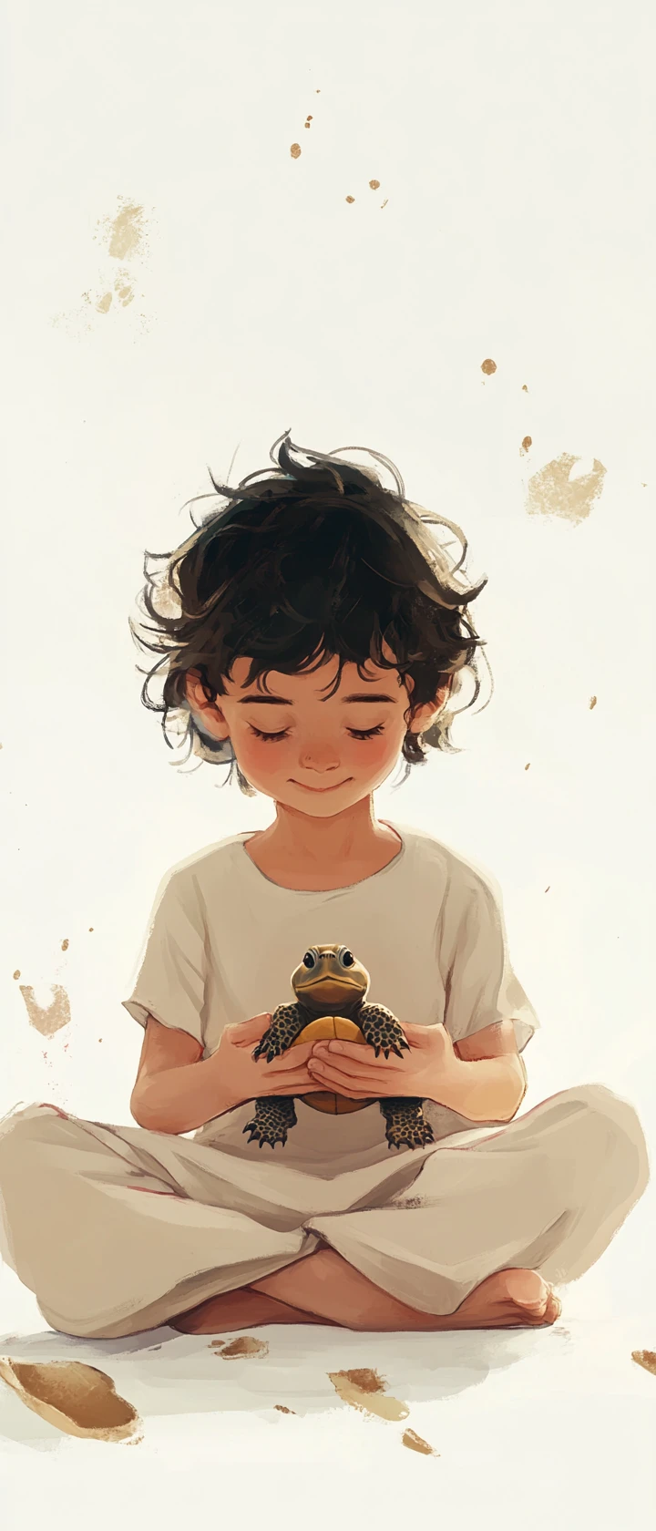 Bambino che tiene una piccola tartaruga in una dolce illustrazione
