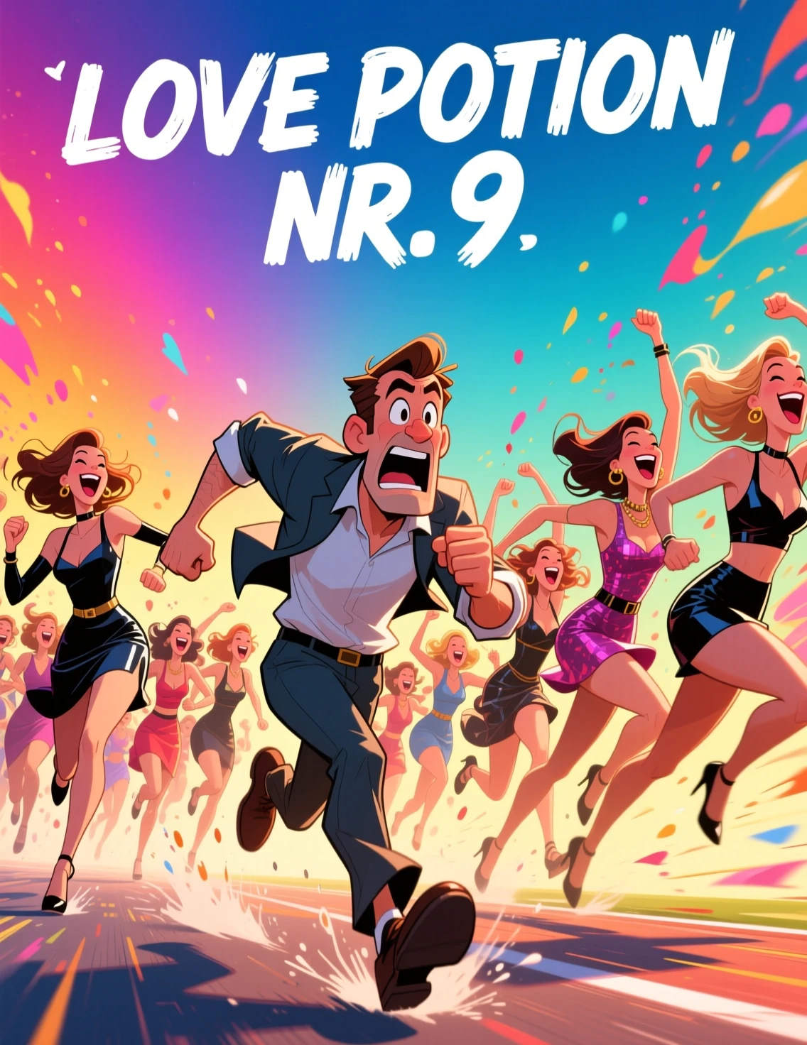 Cartoon man running from crowd of ecstatic stylish women
